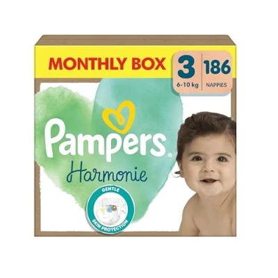 Imagen de Pampers Pañales para bebé tamaño 3 (6 10 kg) armonía, caja mensual, protección suave de la piel e ingredientes a base plantas, 186 unidades