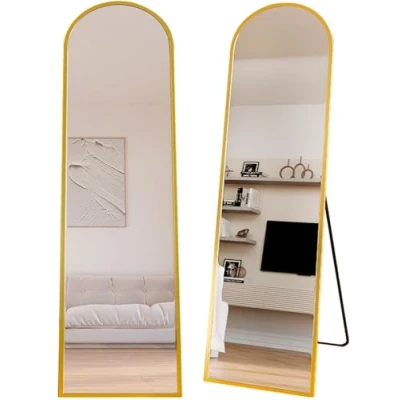 Imagen de Marctani Espejo de Pie Cuerpo Entero Grande y Largo con 3 Formas Uso, Independiente, Montaje Pared Apoyado Marco Aluminio para Dormitorio, Baño o Salon (Dorado 150x40cm)