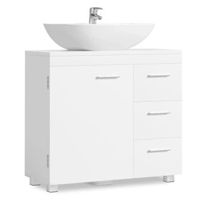 Imagen de VASAGLE Mueble Bajo Lavabo, Armario de Baño, 3 Cajones, 2 Compartimentos Detrás la Puerta, Apto para Lavabos con Pedestal, Pies, 30 x 70 64 cm, Blanco Nube BBK504W01