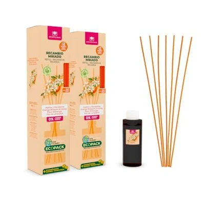 Imagen de CRISTALINAS Pack 2 Recambio Ambientador Hogar Mikado + Cañas Aroma Azahar y Mandarina Ideal para casa oficina 100% Puro Larga Duración 12 Semanas 2x85ml 0% Alcohol