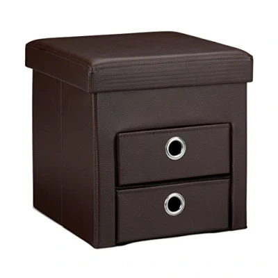 Imagen de Relaxdays Asiento Plegable con 2 cajones de Almacenamiento Hecho Cuero Sintetico Medidas 38 x cm Ideal para almacenar revistas Juguetes pequeñas Cosas, Color marrón