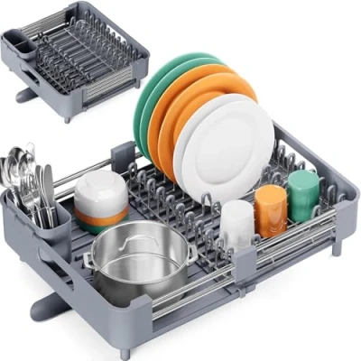 Imagen de KINGRACK escurridor de Platos Extensible Plegable Acero Inoxidable con Soporte extraíble y antiarañazos, Ajustable caño Drenaje Giratorio, Gris