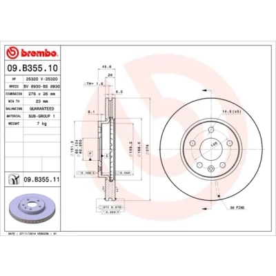 Imagen de BREMBO 09.B355.10 Disco de freno 276 26 5 ventilación interna con tornillos OPEL: Astra J Hatchback, GTC, Sports Tourer