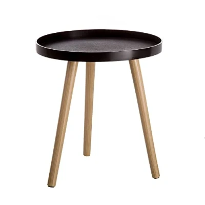 Imagen de LOLAhome Mesita Auxiliar de Polipropileno Negro con 3 Patas Madera 40 cm diámetro y 43 Altura Moderna para salón
