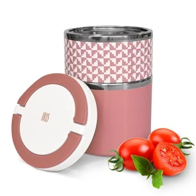 Imagen de IRIS BARCELONA Lunch Box Doble, Fiambrera Térmica Acero Inox, 2 Compartimentos, Tapa Aislante y Asa, 900 ml Rosa