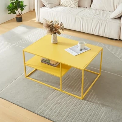 Imagen de [en.casa] Mesa de Centro con Estante Auxiliar Rectangular Inferior para Salón Resistencia Acero 45 x 90 60 cm Amarillo