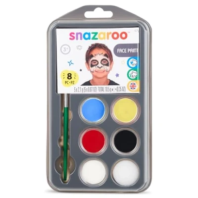 Imagen de Snazaroo 1172213 set de maquillaje verano, paleta con pincel, esponja e instrucciones, 5 colores: negro, blanco, rojo, amarillo, azul