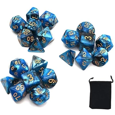 Imagen de DollaTek Juego de Dados poliédricos Juegos Mesa 3 x 7 (21 Piezas) Serie D20 D12 D10 D8 D6 D4 DND RPG MTG Colores Dobles Una Pieza (Negro y Azul)