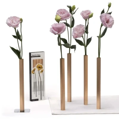 Imagen de Peleg Design Set de 5 Jarrones Magnéticos Dorados Aluminio, Decoración Moderna para Hogar y Jardín, Ideal Flores Reales o Artificiales
