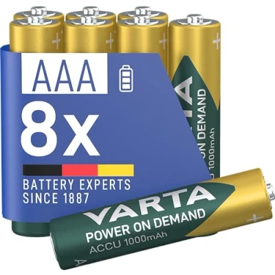 Imagen de VARTA Pilas AAA, recargables, paquete de 8, batería recargable, Power on Demand, 1000 mAh Ni Mh, precargadas, listas para usar