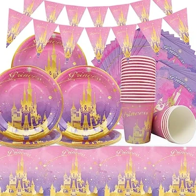 Imagen de Doyomtoy Castillo vajilla Princesa,62 Piezas para Fiestas de Princesas,Plato,Taza,Servilleta,Mantel,Triángulo Bandera Juego cumpleaños Infantiles