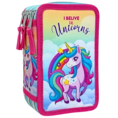 Imagen de Clondo Estuche 3D con 3 compartimentos para niños, triple relleno, 44 accesorios la escuela primaria, cremalleras, 20 cm, raya, ceras, rotuladores, Unicorno25, Portalápices