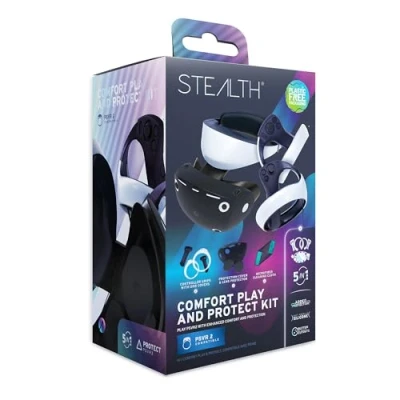 Imagen de STEALTH Comfort Play &amp; Protect Kit para PS VR2 con protector de silicona la lente, funda protectora silicona, paño limpieza microfibra, empuñaduras el mando táctil