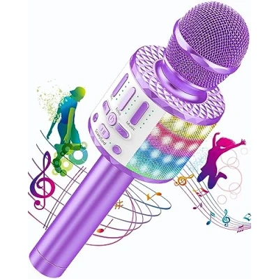 Imagen de Micrófono Karaoke Bluetooth, Microfono Inalámbrico con Altavoz y LED, Portátil para Niños Canta Partido Musica, Niñas Juguete de Regalo, Soporte Youtube, Skype, Android/iOS/PC/AUX