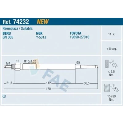 Imagen de FAE 74232 Bujía de precalentamiento 11V M 10x1,25 TOYOTA: Land Cruiser Prado 90, Corolla Verso, Avensis II Berlina