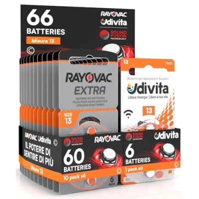 Imagen de 66 Pilas para aparatos acústicos Rayovac Extra Advanced 13. Pilas: 60 + 6 Udivita