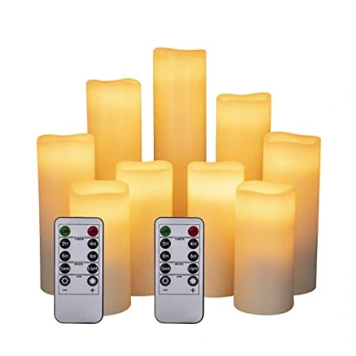 Imagen de HANZIM LED Velas sin Llama 4 &quot;5&quot; 6 &quot;7&quot; 8 &quot;9&quot; Juego de 9 Pilas Cera Real no plástico 10 Teclas con 2/4/6/8 Horas Función del Temporizador 300+ (9x1, Marfil)