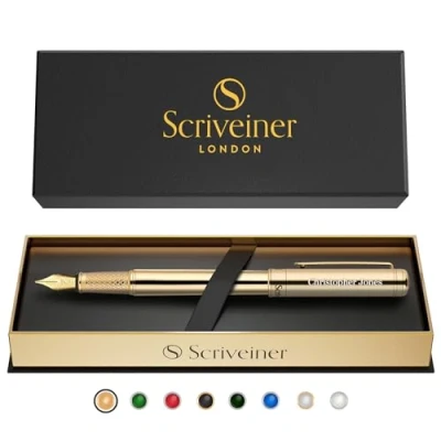 Imagen de Scriveiner pluma fuente personalizada Dorada: de lujo con acabado en oro 24K, recarga Schmidt, set regalo grabado para hombres y mujeres, personalizado del nombre