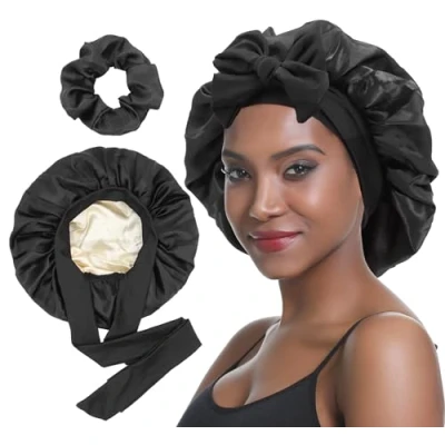 Imagen de SENGTERM gorro de satén para mujer, seda doble cara, con cinta elástica pelo rizado, noche (negro)