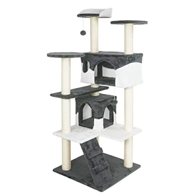 Imagen de Árbol rascador gris / blanco 130cm para gatos con plataformas y refugios escalar postes sisal