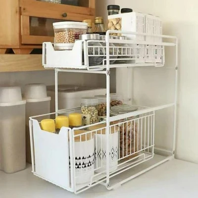 Imagen de Organizador de Almacenamiento Debajo del Fregadero 2 Niveles, Stante Multiusos con Cestas Deslizantes, para Cocina Baño Habitaciones Estantería Armario 37,4*26,5*44cm (blanco)