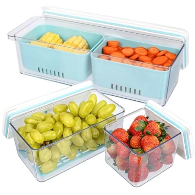 Imagen de BELLE VOUS Set de Contenedores Almacenaje 3x Organizador Transparente Apilable con Cesta Drenaje Organizadores para Nevera Frigorifico Apto Lavavajillas y Microondas