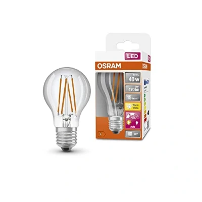 Imagen de OSRAM Lámpara LED Star+ con sensor de luz diurna, E27 base, Óptica filamentos ,Blanco cálido (2700K), 470 Lumen, sustituto 40W iluminante 4 paquete