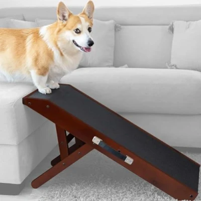 Imagen de Rampa para Perros pequeños o Grandes Ajustable 18 53 cm Cama y sofá Madera de Abedul La Plataforma se Conecta Perfectamente Superficie Antideslizante Nuéz