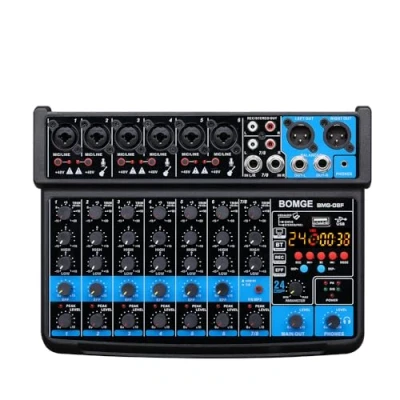Imagen de BOMGE Mini mezclador de audio 8 canales, CC 5 V, con reproductor MP3, Bluetooth, U disco 48 efectos 24DSP, grabación USB, ideal para clubes pequeños o bares, estudio (8 canales