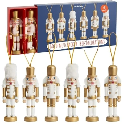 Imagen de THE TWIDDLERS 6 Adornos de Madera Dorada Soldado Cascanueces, 10cm / 4&quot; Decoraciones para Colgar del árbol con diseños navideños Tradicionales y Festivos