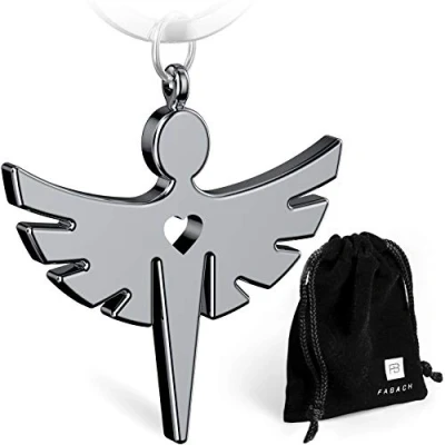 Imagen de FABACH Llavero de ángel la guarda con corazón, colgante noble metal en plata, oro, oro rosa, negro, amuleto suerte, regalo para coche, carné conducir, conducción cuidadosa, 1 x