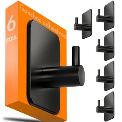 Imagen de 4smile Ganchos adhesivos para pared, juego de 6 negros Colgadores resistentes, colgador toalla baño y cocina