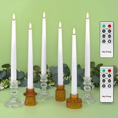 Imagen de Rhytsing 6 cera Velas largas LED sin llama con temporizador, a Pilas diseño rústico para candelabros, blanco cálido, 2 Mandos distancia incluidos, Altura 29cm (blanco)