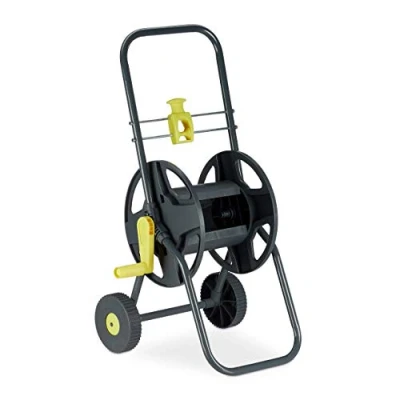 Imagen de Relaxdays Carro para Manguera, Portamangueras de 45m, Carrete portátil Amarillo y Gris, 76,5x44x41 cm