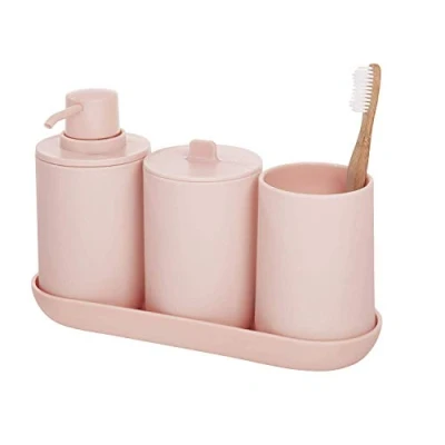 Imagen de iDesign Set de baño, juego 4 compuesto por dispensador jabón, porta cepillo dientes, algodonero y bandeja plástico, accesorios baño para el lavabo, rosa