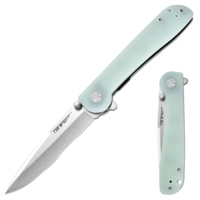 Imagen de TONIFE Guiding Star Navaja Plegable con Clip de Bolsillo, Antideslizante EDC Cuchillo Una Mano, Hoja 8Cr14MoV y Mango G10 para Camping al Aire Libre (Cian Transparente + Satén)