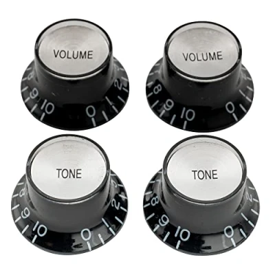 Imagen de Musiclily Pro Imperial Pulgadas Tamaño Botones de Potenciómetros Reflector 2 Volumen Tono Perillas Set para Guitarra Eléctrica USA Made Les Paul SG, Negro con Plata Top