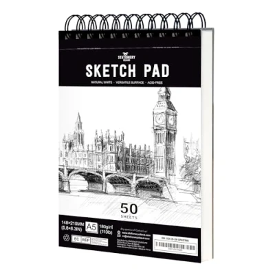 Imagen de STATIONERY ISLAND Bloc de Dibujo, A5 Sketchbook 180g/m² Papel Grueso, 100 Páginas/50 Hojas Encuadernadas en Espiral Cuaderno Dibujo 1 Pack