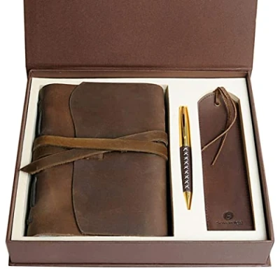 Imagen de Juego de regalo diario cuero marcador + antiguo hecho a mano, cuaderno escritura rústico con caja para hombres y mujeres, viaje ideal escribir en 18x13cm