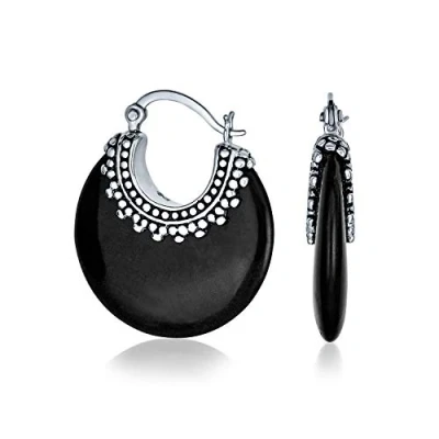 Imagen de Boho Estilo Occidental Tribal Genuino Ónix Negro Ronda Media Luna Pendientesde Aro Para Las Mujeres Oxidado Milgrain Caviar Bead .925 Plata Esterlina