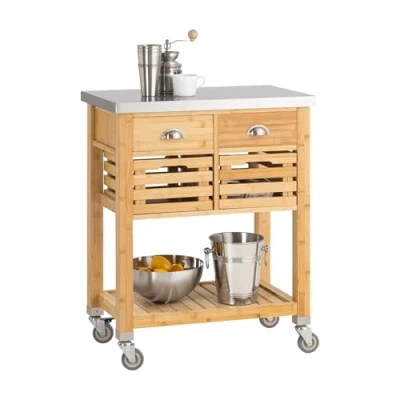 Imagen de SoBuy FKW40 N Carrito de Cocina con Piso Acero Mueble Auxiliar Estantería Servir Bambú 73 x 46 93 cm ES