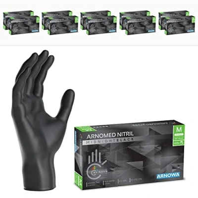 Imagen de ARNOMED guantes nitrilo negro talla M, de nitrilo, 10 cajas (1000 uds), negros sin polvo y látex, desechables, mecanico en XS, S, L, XL, XXL