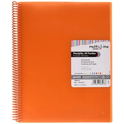 Imagen de Grafoplás Carpeta 40 Fundas Transparentes A4 Color Naranja Espiral PVC Tapas Polipropileno Gomas de Cierre Maxiplás Multiline