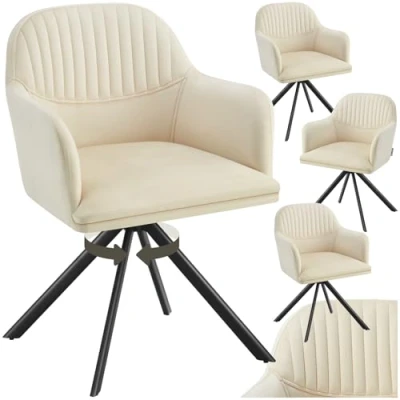 Imagen de TecTake® Silla Giratoria Tapizada con Respaldo Continuo, Patas de Acero Giratorias 360º, Dormitorio, Butacas Salon, Sillas Comedor, Comedor Nordica 4 Crema/Negro