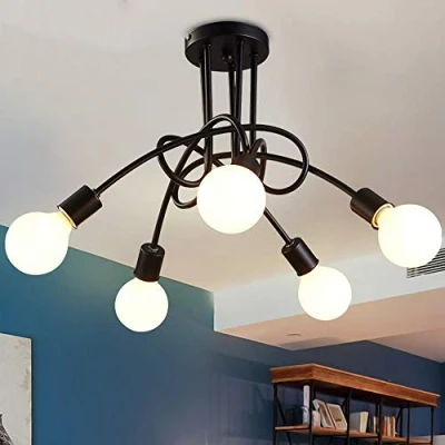 Imagen de iDEGU lámpara de techo industrial retro metal, E27, moderna para sala estar, dormitorio, comedor (sin bombillas) (negro, 5 lámparas)