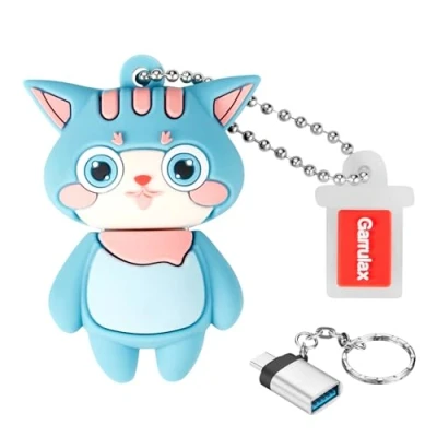 Imagen de GARRULAX Memoria USB 3.0 de silicona impermeable alta velocidad para almacenamiento datos, pendrive con adaptador OTG tipo C (gato cian, 128 GB)