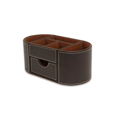 Imagen de OSCO organizador de escritorio piel sintética marrón con cajón, escritorio, soporte para bolígrafos, contenedor maquillaje, almacenamiento lápices, 6 compartimentos,