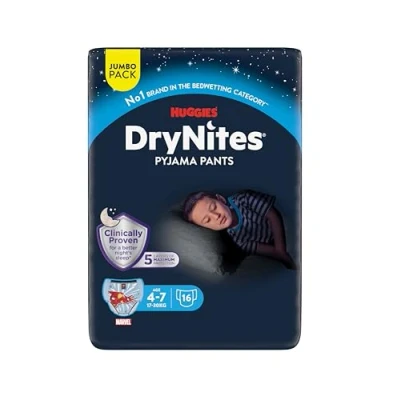 Imagen de Huggies DryNites Calzoncillos absorbentes para niño 4 7 (17 30 kg), Clínicamente probado con 5 capas de protección nocturna, 16 pañales noche