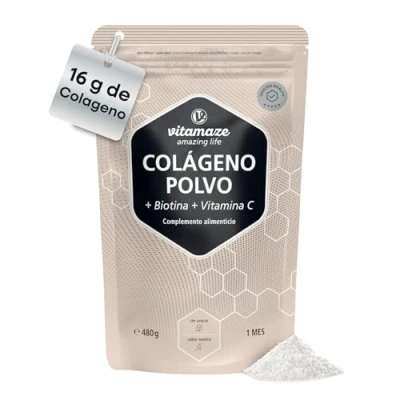 Imagen de Péptidos de Colágeno Hidrolizado en Polvo con Biotina y Vitamina C. Alta Dosis 16g diarios para Piel, Cabello, Uñas Articulaciones. Biodisponibilidad. Sabor Neutro. 480 g. Vitamaze
