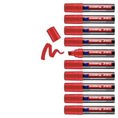 Imagen de edding 390 marcador permanente rojo 10 rotuladores punta biselada ancha 4 12 mm resistente al agua, secado rápido multiuso, universal para cartón, plástico, madera, metal, vidrio, lienzo
